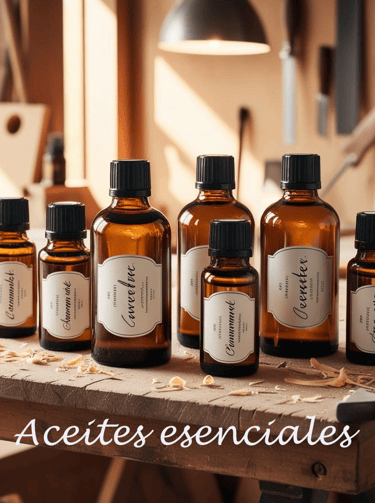 Botellines de aceites esenciales sobre una mesa de madera