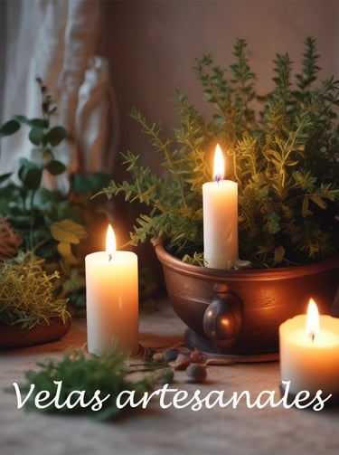 Velas blancas encendidas con plantas alrededor