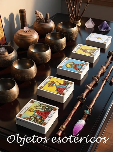 Objetos esotéricos como cartas de tarot, cuencos tibetanos