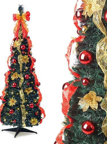 Pre-Decorated & Pre-Lit Snow Flocked, Ready to display sa christmas tree with red and gold ornaments