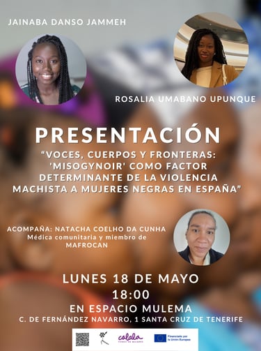 Event poster for a presentation on misogynoir and violence against Black women in Spain featuring three speakers.