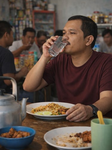 poto armando sedang minum dicela saat makan siang di warung makan sederhana