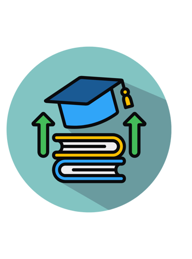 Flat design icon of a graduation cap and books with green up arrows representing academic growth and educational success.