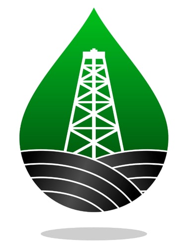 Green energy drop logo featuring a white oil derrick icon over black layered soil or field lines.