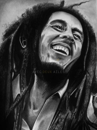 Portrait dessiné en noir et blanc de Bob Marley