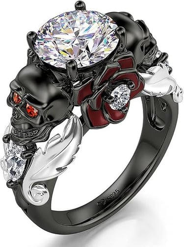 Goth Skull Engagement Ring in Sterling Silver. Heart Cut, Cubic Zirconia