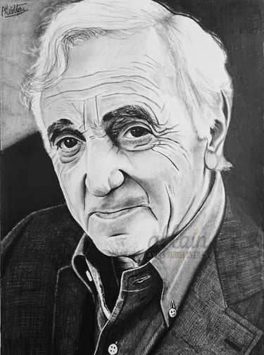 Portrait dessiné en noir et blanc de Charles Aznavour