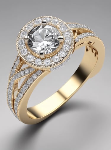 Close-up of a delicate champagne gold ring with a soft glow on an ivory background.