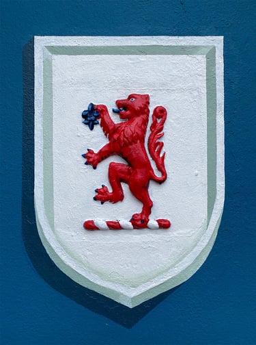 Red stylised lion layered on top of a white trompe-l’oeil shield with a light  blue background.