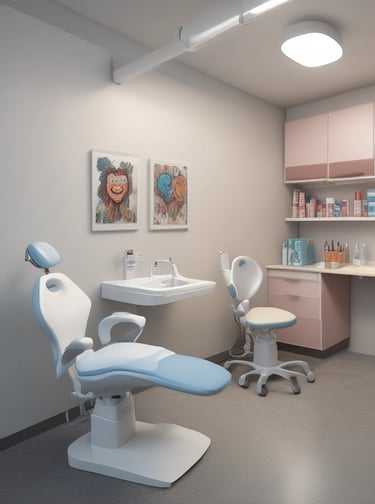 A friendly pediatric dentist smiling while gently examining a young child's teeth in a bright, welcoming dental office.