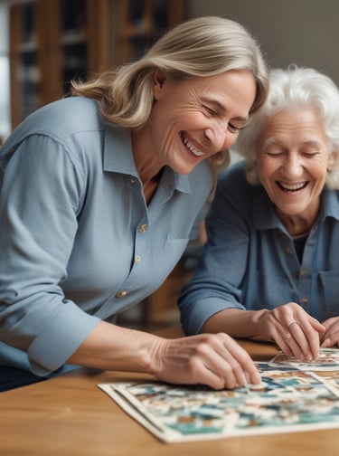Mujeres divirtiéndose haciendo un puzle juntas