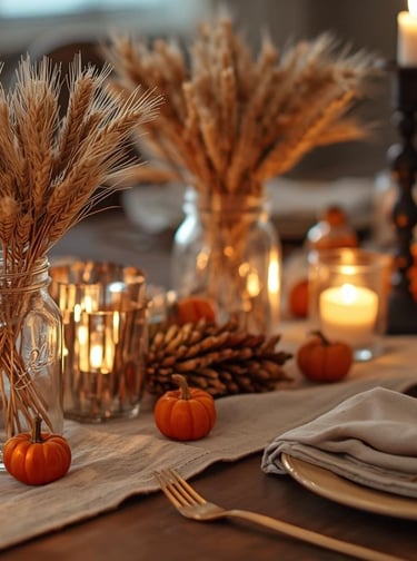 DIY dining table with mason jars of wheat, tiny pumpkins, candles, and matte black candlesticks