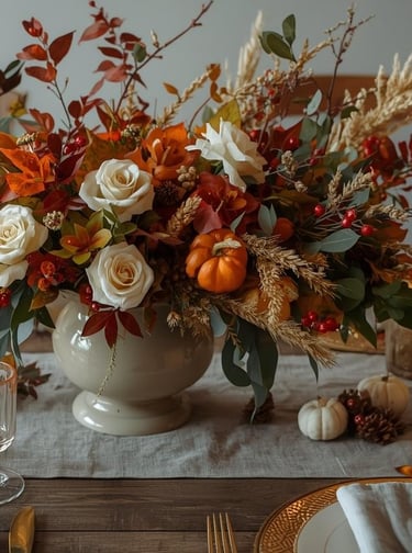 a table with a centerpiece that has a vase filled with flowers and candles
