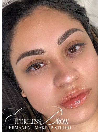 The initial result of a signature combo brow, providing texture and definition for a DFW client.