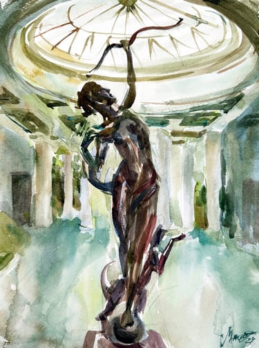 Watercolor painting of a woman statue holding a bow by artist Agne Skaringa