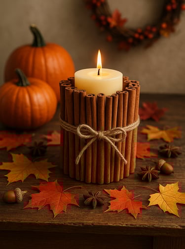 a rustic cinnamon stick candle holder with a cream-colored pillar candle tied with twine