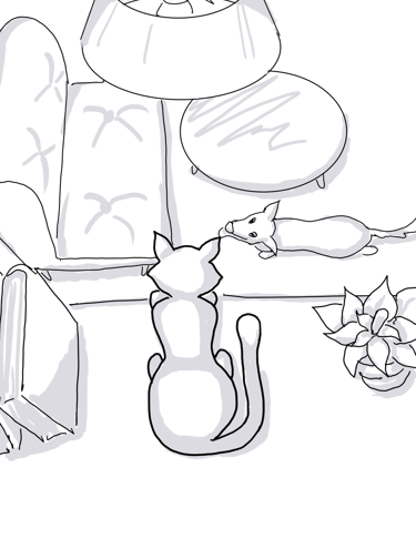 a drawing of a cat on a shelf looking down the living room