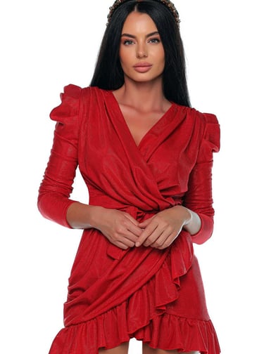 Rochie din lurex cu volane, material strălucitor, cordon ajustabil și croi ce evidențiază talia.