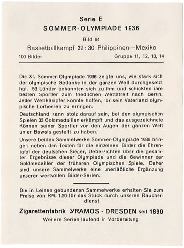 The back of the 1936 Yramos Sommer-Olympiade Basketball Card Phillipines Vs Mexico, Series E #64