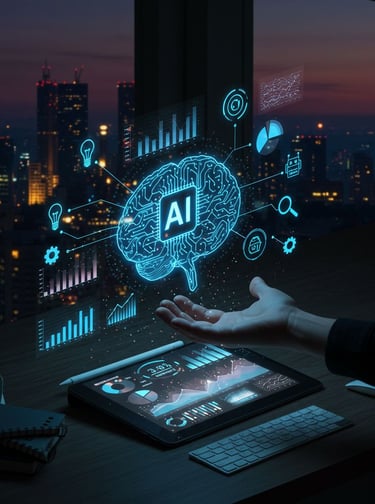 AI agent automation technology with digital brain, analytics dashboard, and data visualization inter
