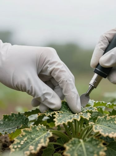 Gloved hands using a precision tool to inspect diseased plant leaves in an agricultural field.
