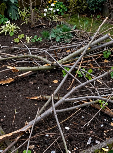 Fallen tree branches and garden debris scattered over dark soil in a backyard flower bed.