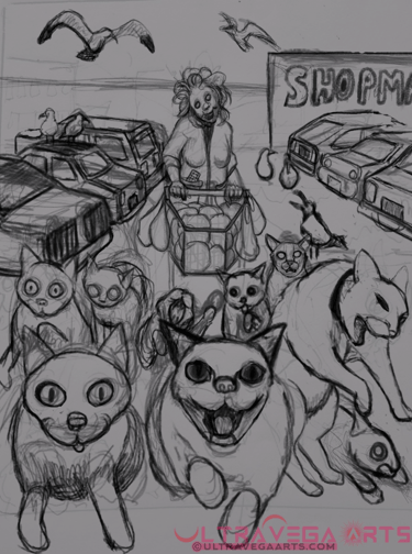 Digital sketch of "Cat Lady" a ruff drawing of an old lady with a shopping cart walking her cats,