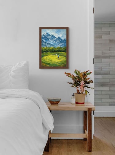 Mountain custom painting commission of golfer on putting green, made to order in Vancouver BC.