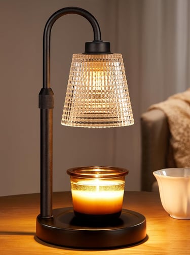Electric candle warmer lamp with an adjustable black stand and a crystal glass shade heating a jar candle.