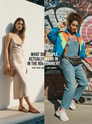 Women wearing real 90s summer outfits with crop tops, denim shorts, and colorful casual styles.