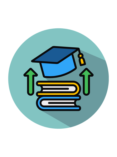 Flat design icon of a graduation cap and books with green up arrows representing academic growth and educational success.