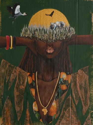 Painting and collage of a woman, with half her face depicting african savanna.