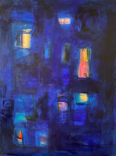 a painting of a building with a blue sky and a yellow light