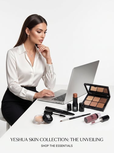 A professional woman using a laptop next to Yeshua Skin Collection makeup products including an eyeshadow palette and
