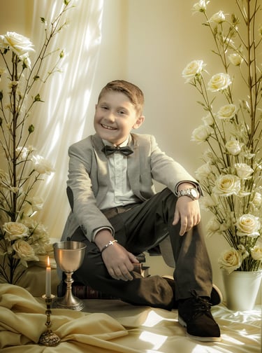 a boy in a suit and bow tie sitting on a bed