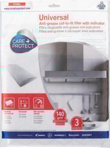 Care + Protect universal anti-grease cut-to-fit cooker hood filter with saturation indicator.