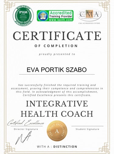 Certificate of completion for Eva Portik Szabo as Integrative Health Coach.