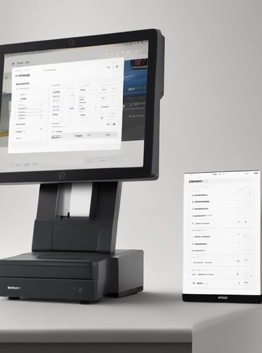 A laptop displaying coding software rests on a desk illuminated by a soft blue light. In the background, a cityscape is visible through a large window, with buildings lit up against the night sky. The scene is calm and focused, emphasizing a workspace oriented towards programming.