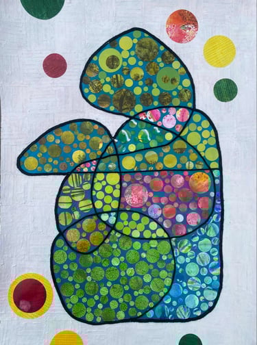 Collage sur papier turquoise vert rose