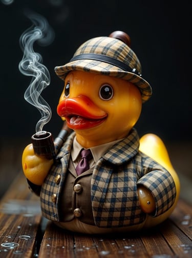 a rubber ducky with a hat and a pipe smoking pipe
