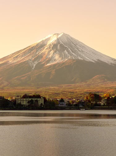 Mount Fuji at Lake Kawaguchi in the morning sunrise. 