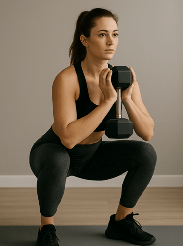 a woman in a black top and leggings, holding a dumbble
