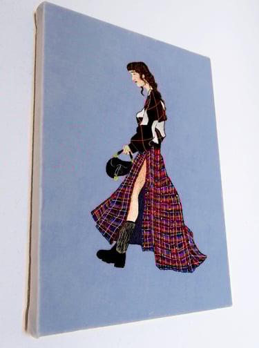 Embroidery artwork of a fashion illustration ; a woman is walking with Dior bag and kilt skirt 
