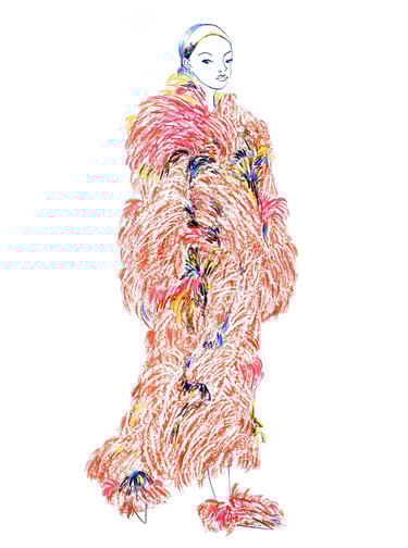 a fashion woman in a feathered jacket and a feathered jacket