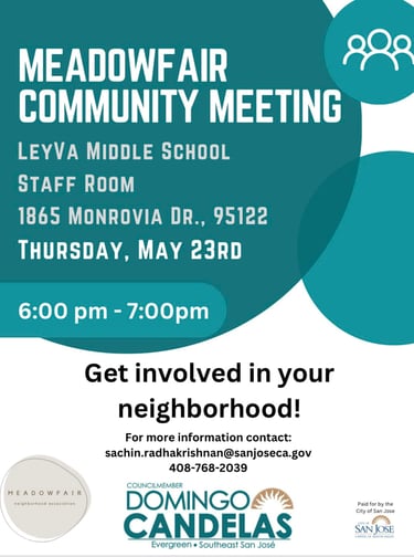 Meadowfair community Meeting flyer for May 23rd 2024