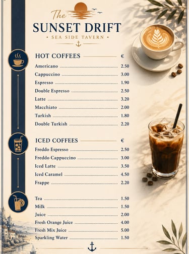 Coffee and drinks menu for The Sunset Drift Tavern by John’s Guesthouse, featuring hot coffees, iced