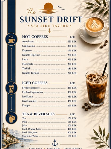 Coffee and drinks menu for The Sunset Drift Tavern by John’s Guesthouse, featuring hot coffees, iced