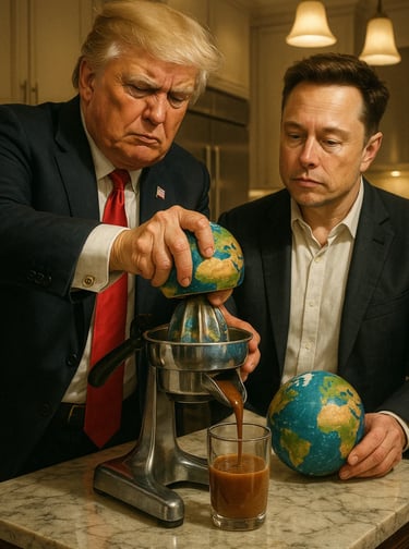 Illustration IA - Journée mondiale de la terre : Trump et Musk pressent la terre comme un citron