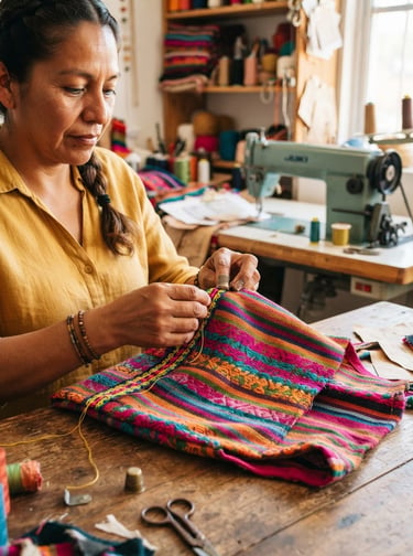 Close-up of hands carefully stitching a colorful Mexican textile pet vest in a sunlit workshop, sewing machine in the background, warm daylight.