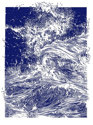Linogravure, estampe originale,  représentant des vagues.